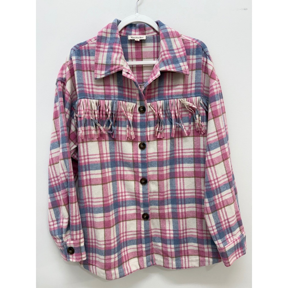 Vanilla Bay Plaid Fringe Shacket Size M Pink Blue Western Flannel Pockets